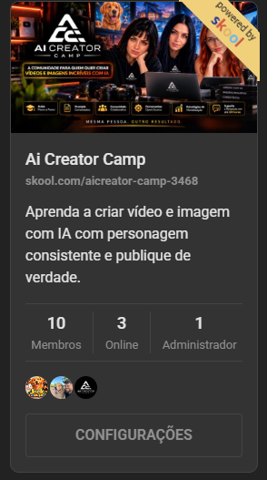 Página da comunidade AI Creator Camp no Skool, com 10 membros