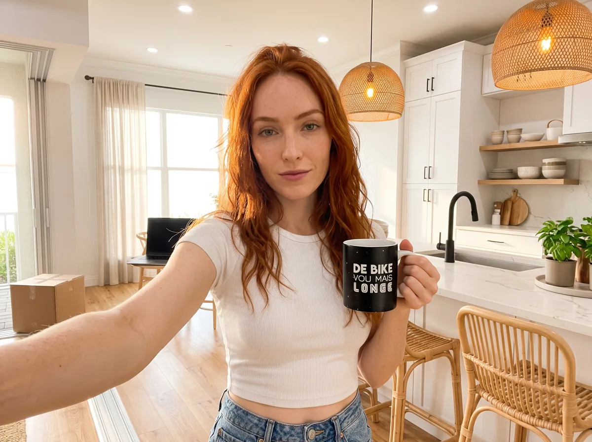 Personagem de cabelo ruivo na cozinha, segurando a caneca DE BIKE VOU MAIS LONGE