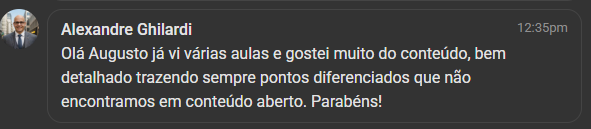 Depoimento de Alexandre Ghilardi: já viu várias aulas e gostou muito do conteúdo, bem detalhado, com pontos diferenciados que não se encontram em conteúdo aberto