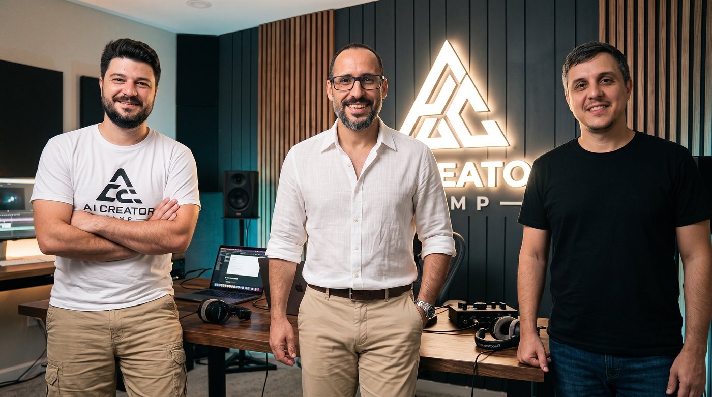 Augusto, Thiago e Daniel, criadores do AI Creator Camp, no estúdio