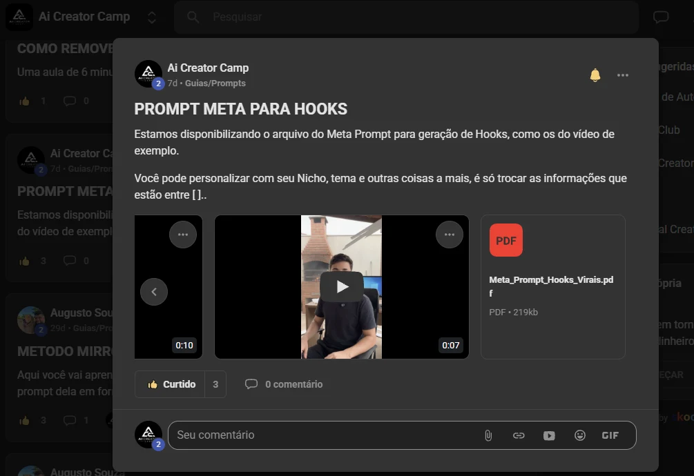 Post da comunidade com o arquivo Meta Prompt para Hooks em PDF e vídeos de exemplo